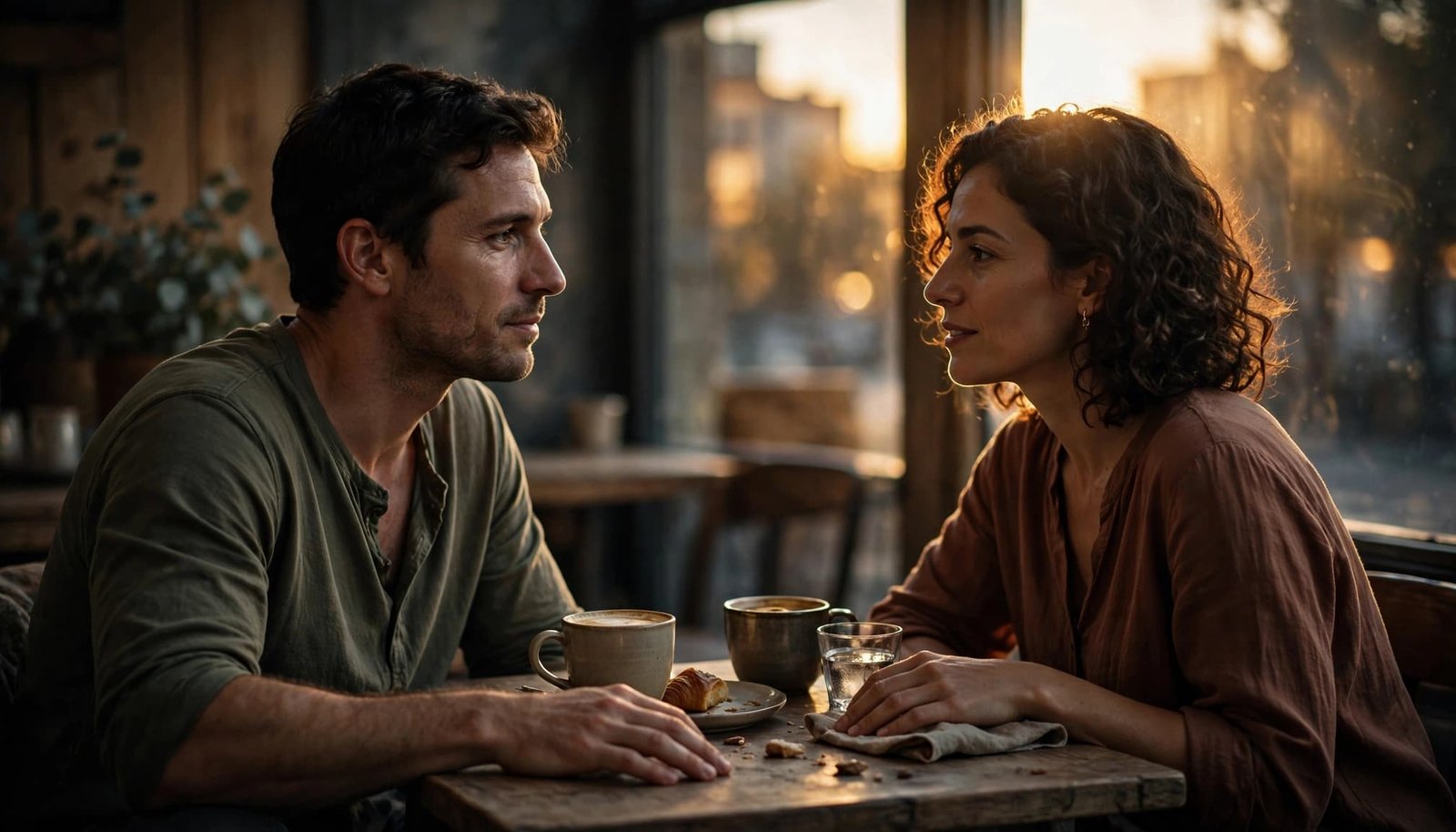 A man and woman share a calm conversation at a cafe table in warm evening light.