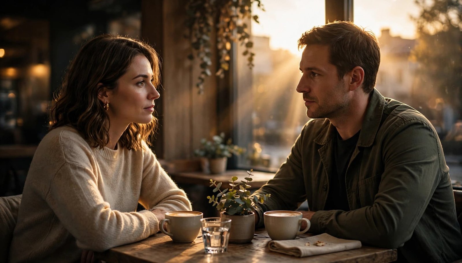 A man and woman share a serious but calm conversation at a cafe table.