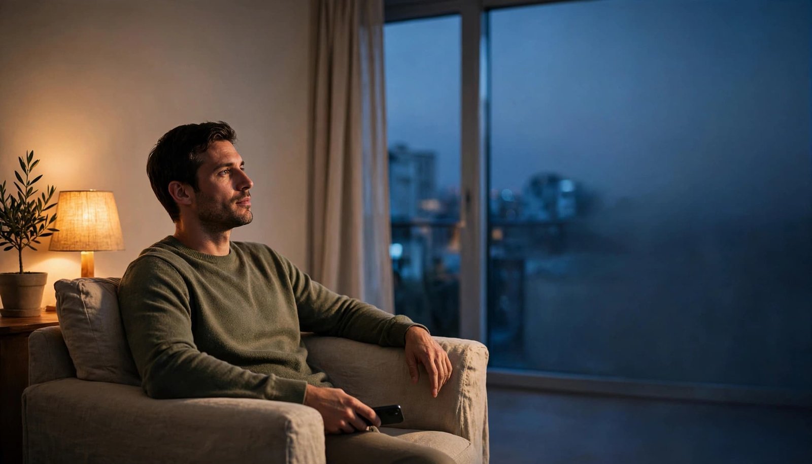 A man sits alone with his phone lowered in a softly lit apartment.