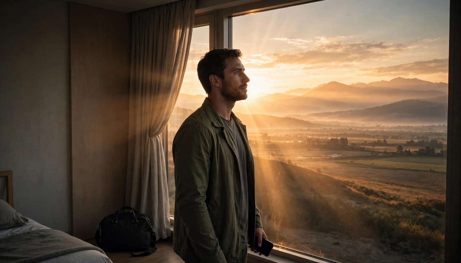 A man holds a phone beside a sunrise window with a travel bag nearby.