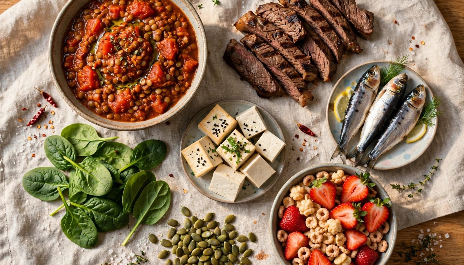 Overhead spread of lentil chili, beef, sardines, spinach, tofu, seeds, and cereal with strawberries.