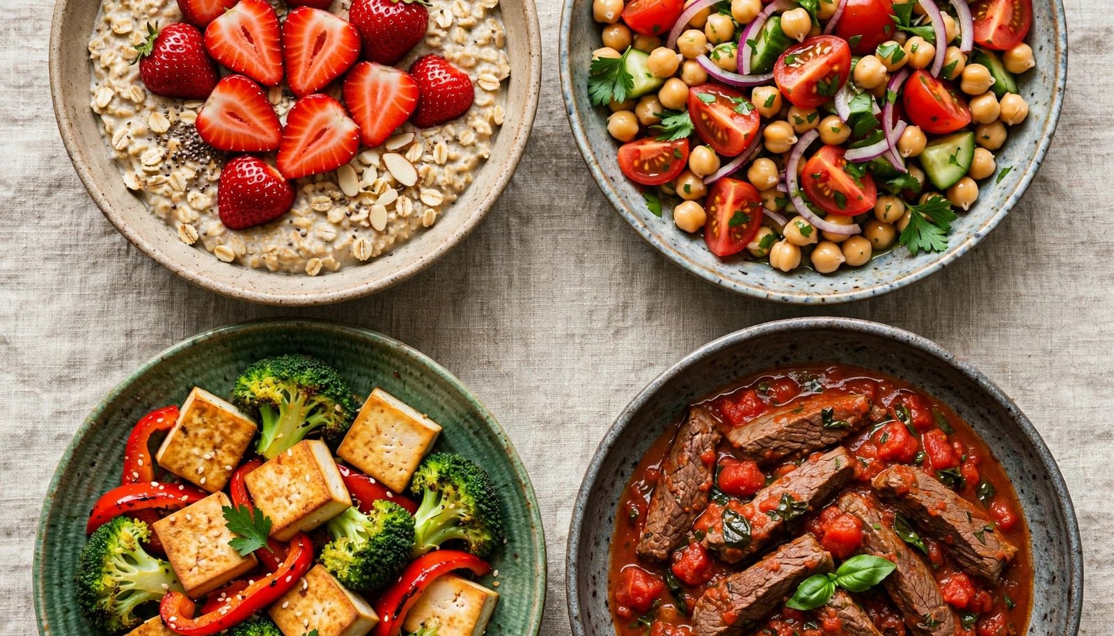 Four meals pair iron-rich foods with strawberries, tomatoes, broccoli, and peppers.