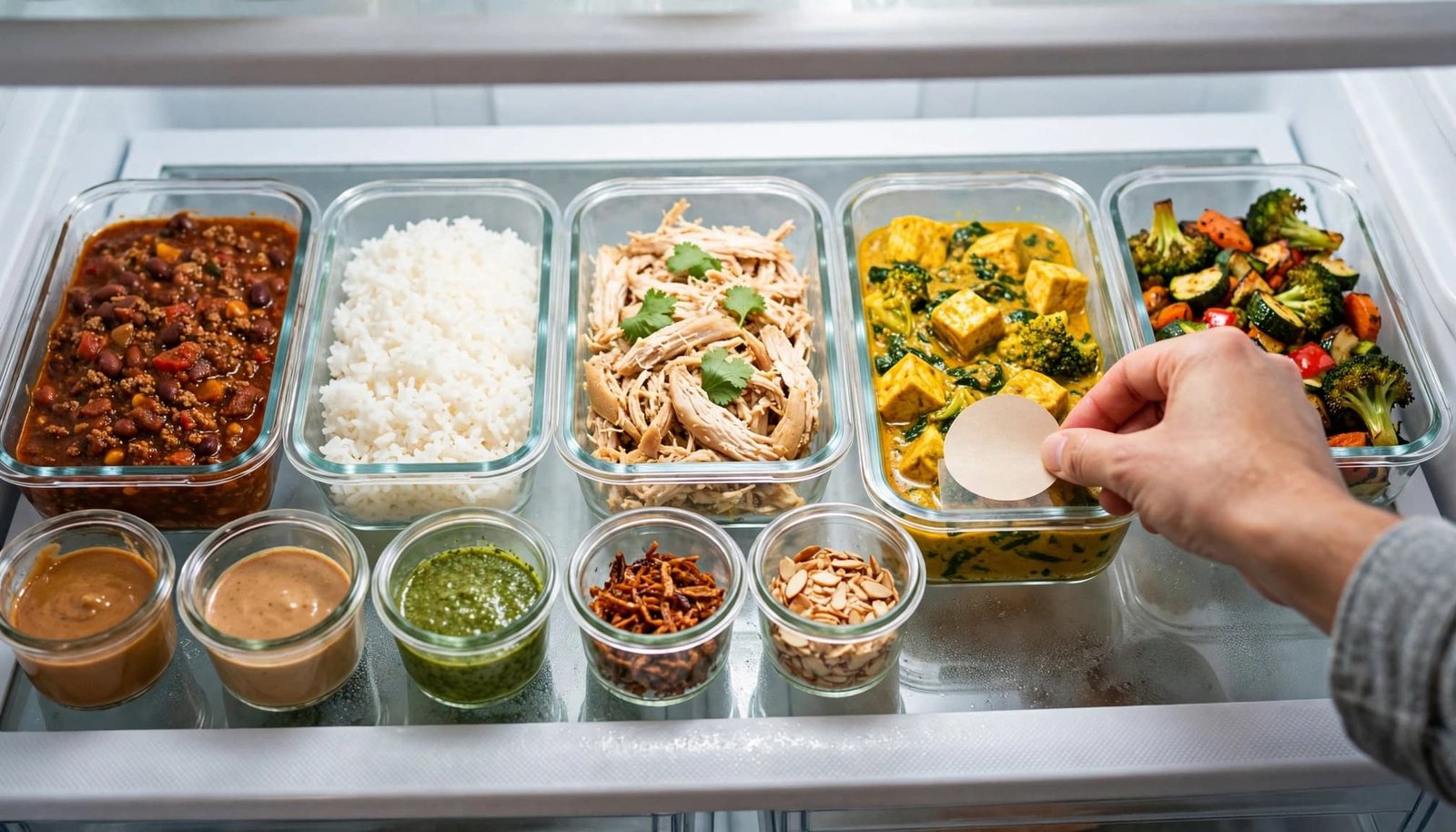 A hand labels containers of prepared meals on an organized refrigerator shelf.