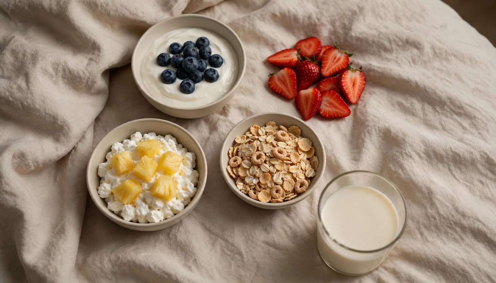 A bedside table displays yogurt, fruit, cottage cheese, cereal, and warm milk.