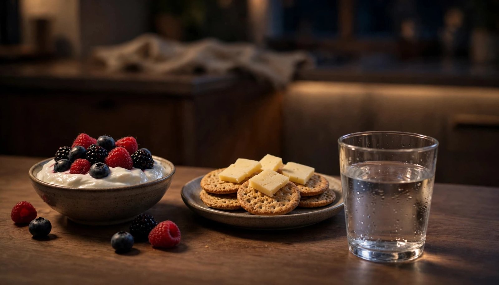 Three snack portions and a glass of water sit on a softly lit kitchen counter.