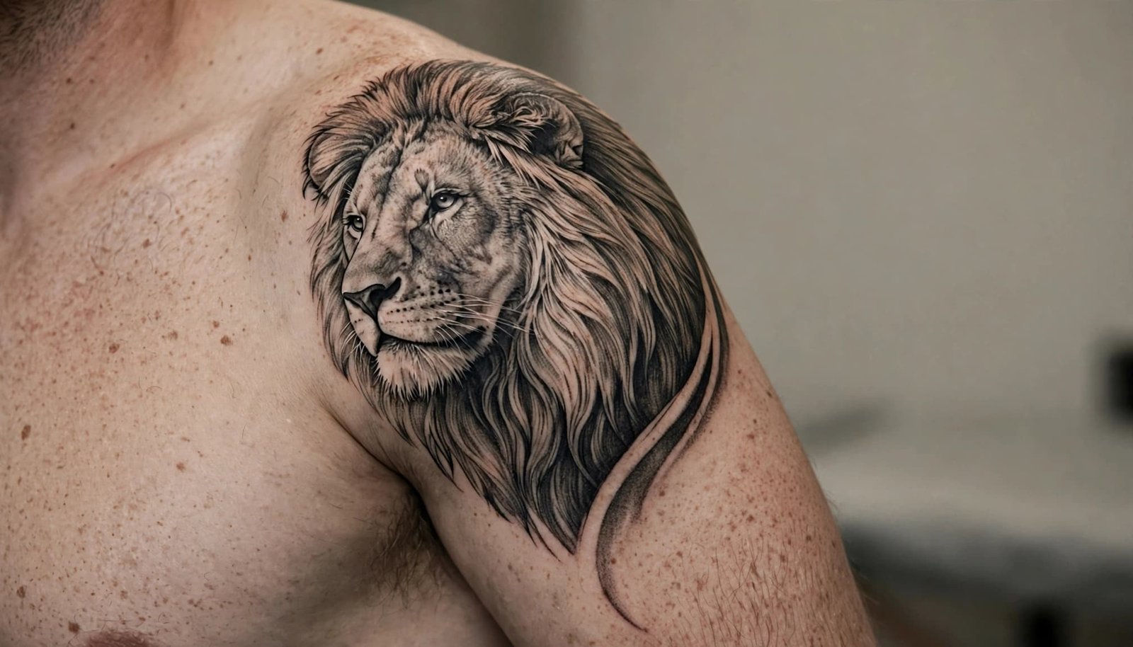 Realistic lion tattoo curving across a person’s shoulder and upper arm.
