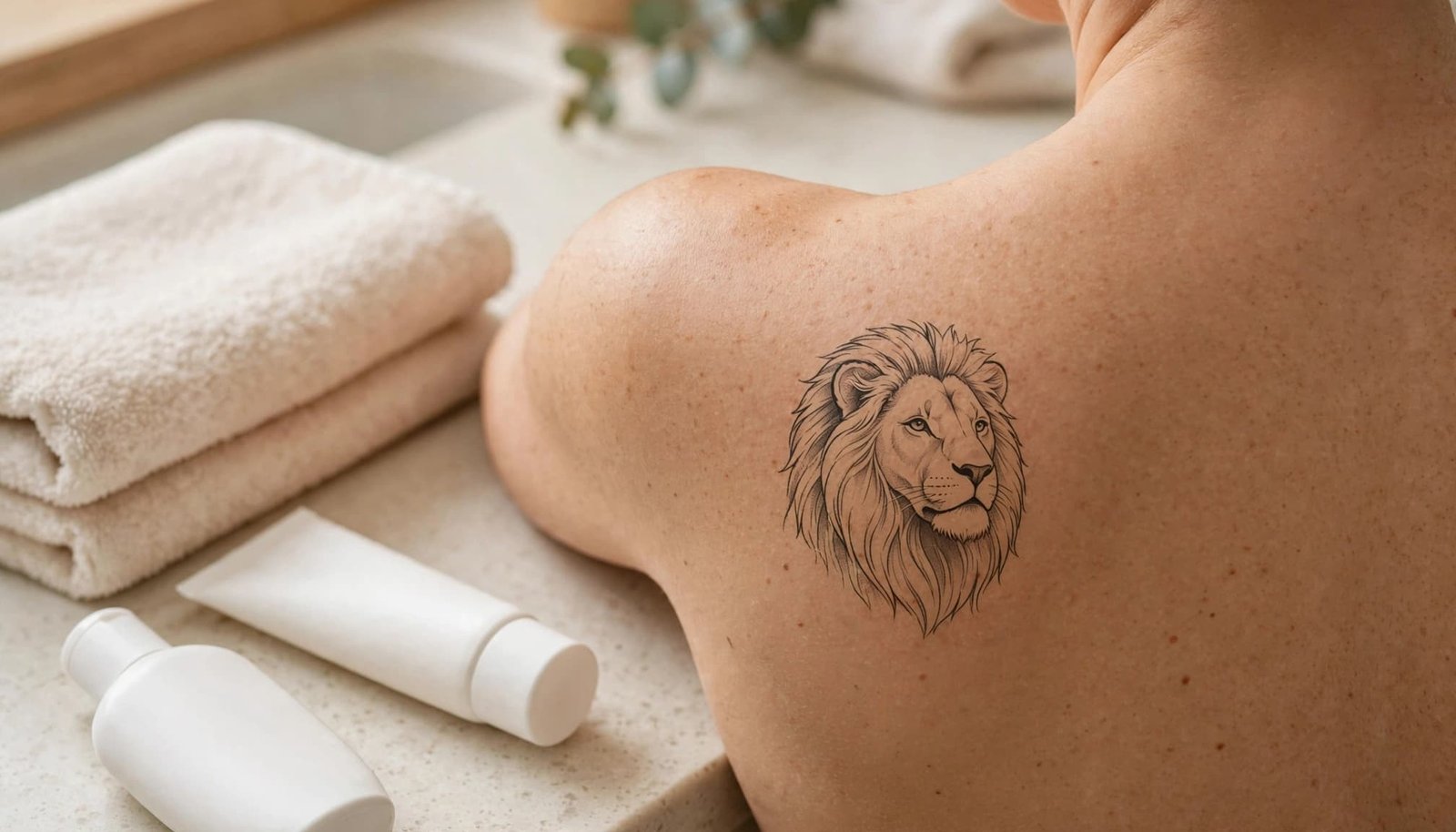A lion tattoo beside moisturizer, sunscreen, and a clean towel on a bathroom counter.