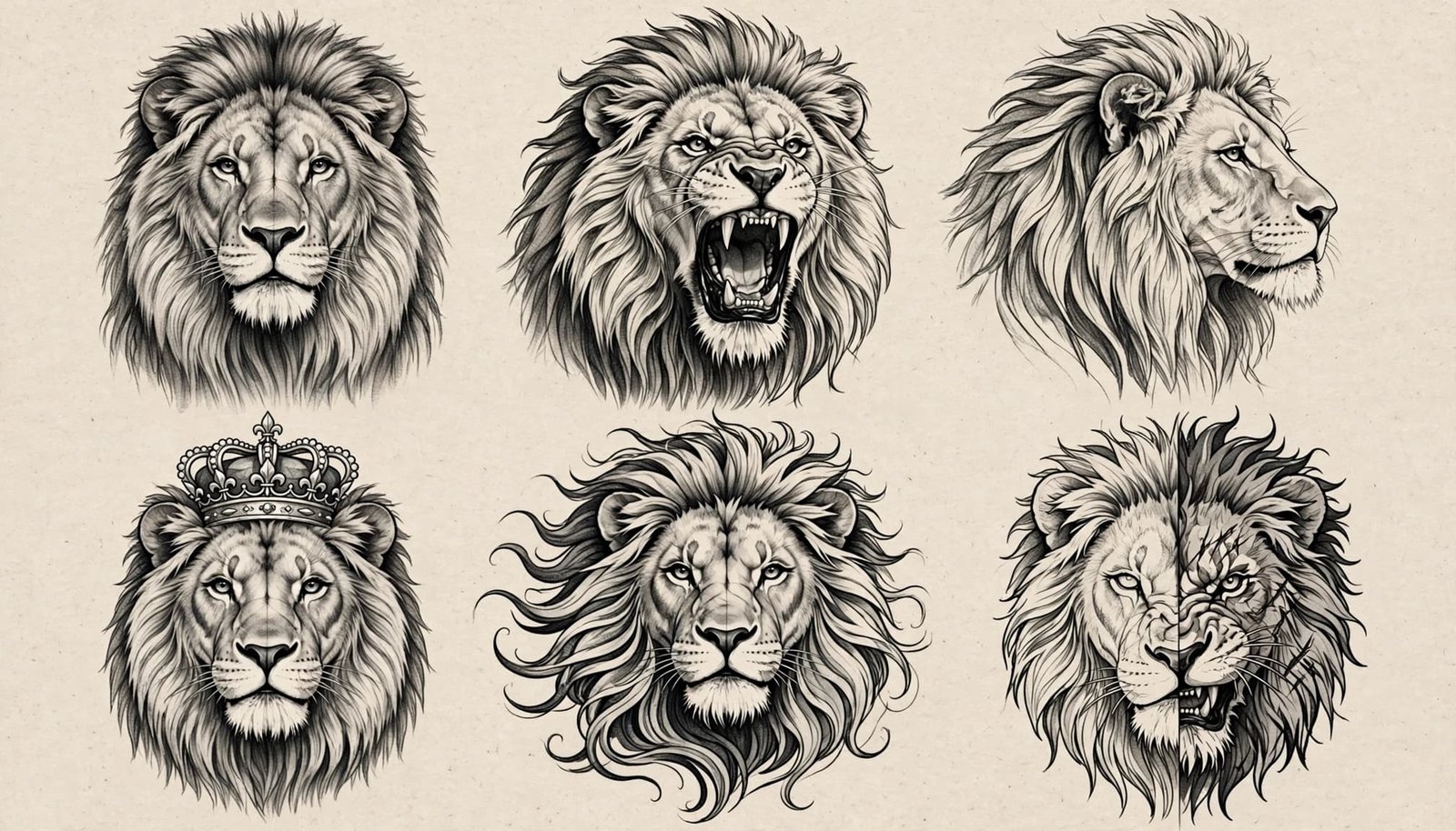 Six lion tattoo sketches show different poses, expressions, manes, and facial styles on paper.