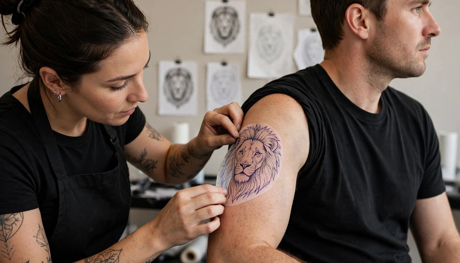 Artist positioning a lion stencil on a client’s upper arm.