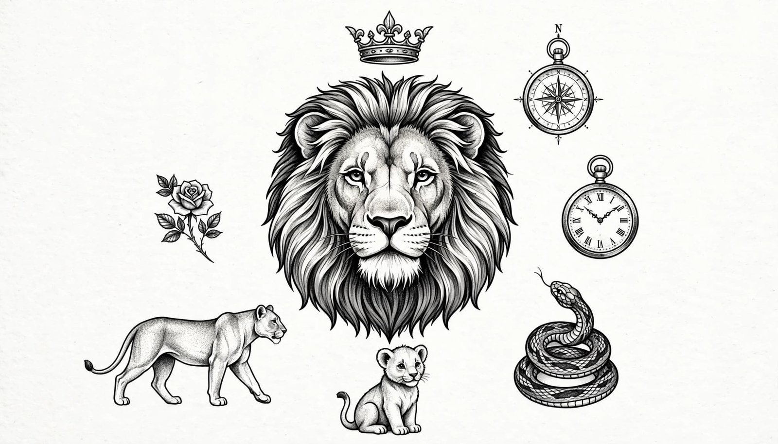 Lion tattoo design surrounded by a rose, compass, clock, snake, crown, lioness, and cub.