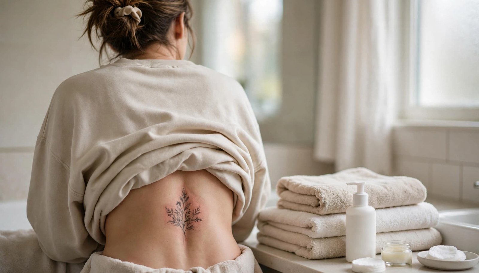 Woman showing a lower-back tattoo beside folded towels and skincare in a bright bathroom.