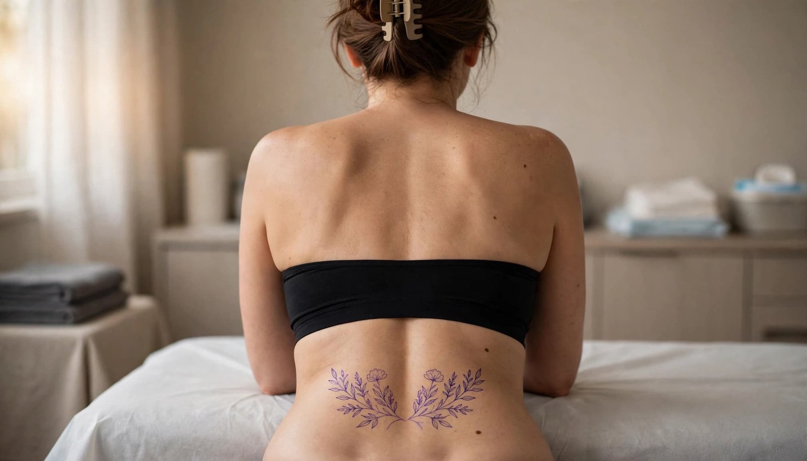 Woman showing a temporary lower-back tattoo stencil in a clean tattoo studio.
