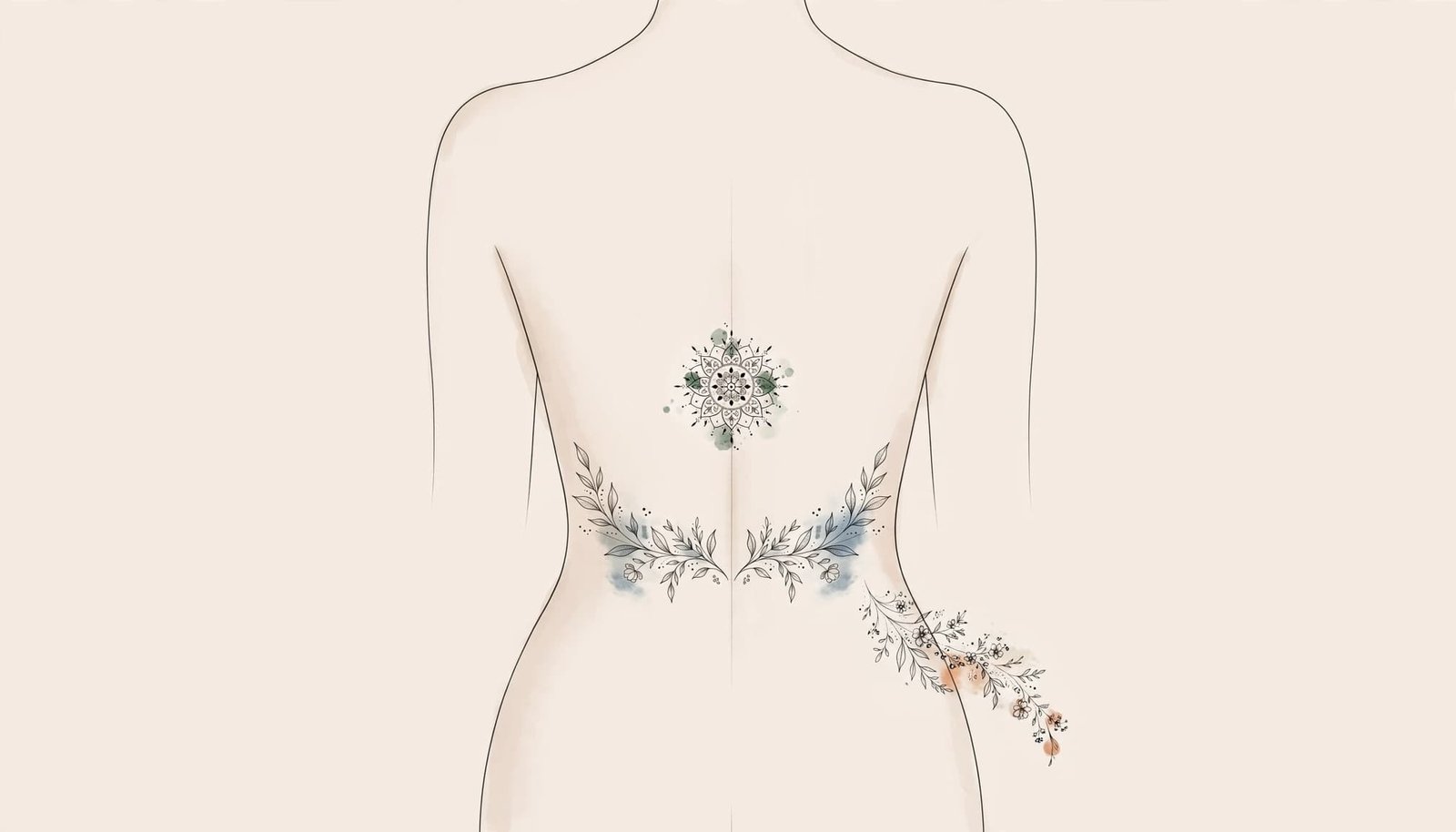 Female torso showing three delicate lower-back tattoo layout concepts.