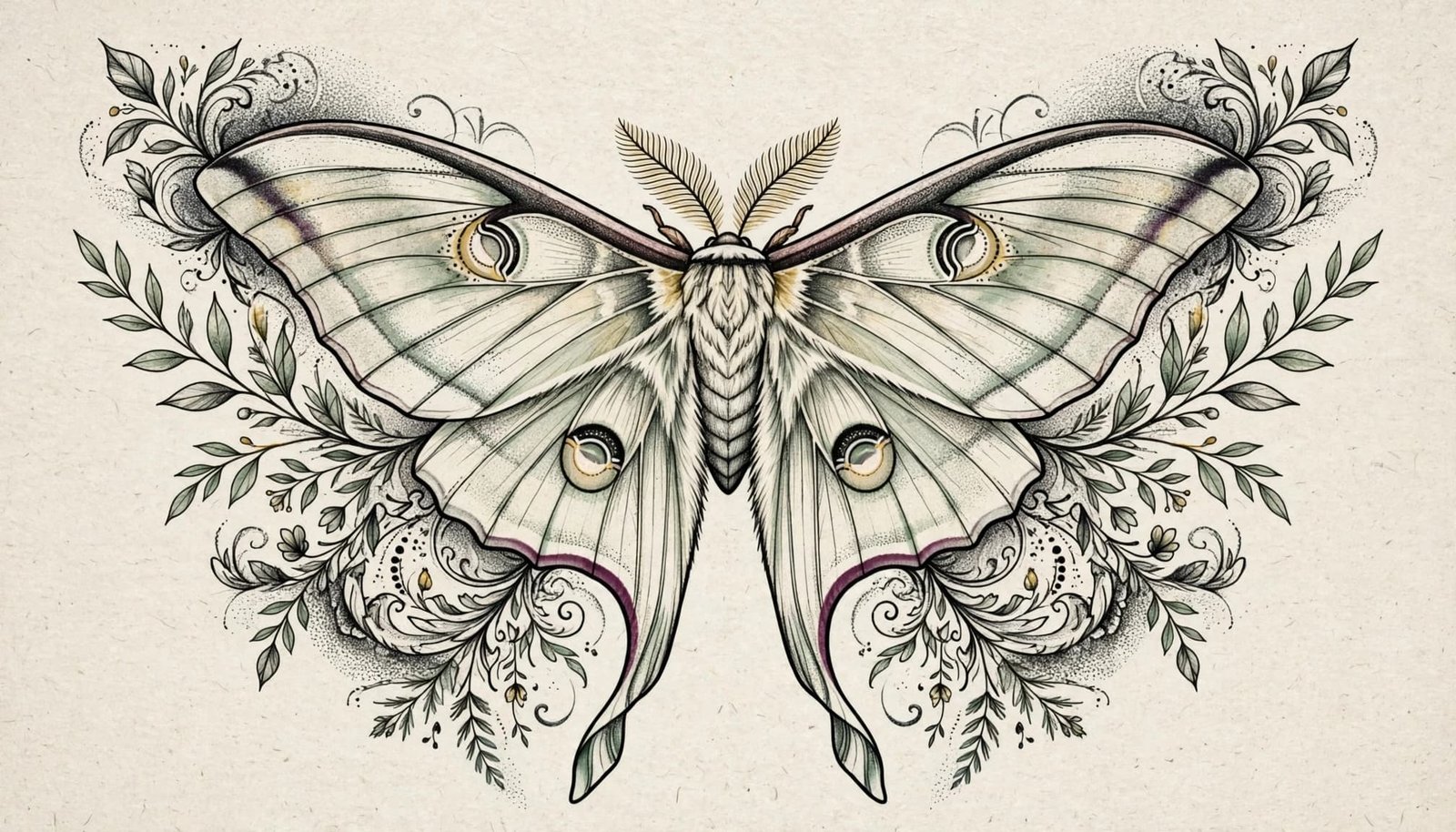 Centered luna moth artwork with soft botanical accents and dark ornamental wing shading on neutral paper.