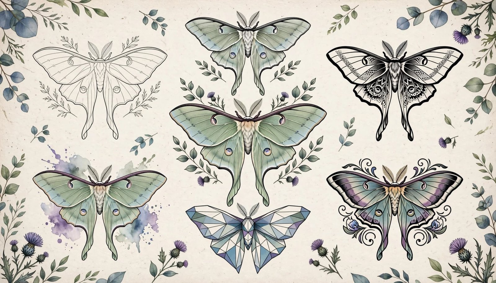 Luna moth tattoo studies show different wing styles on a neutral artist reference board.