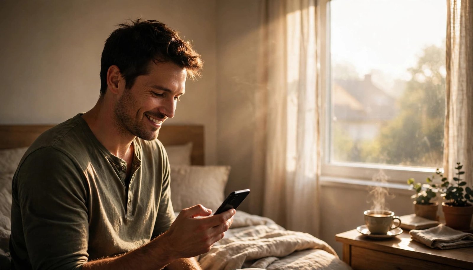 Smiling man checks his phone beside a bright bedroom window with coffee nearby.