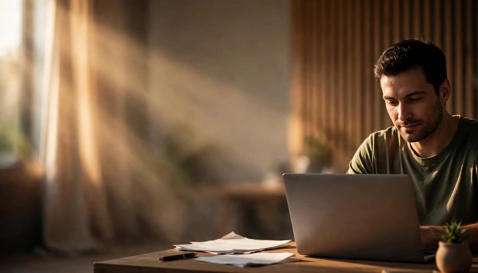 A man works at a desk with a laptop and papers in a warm office.