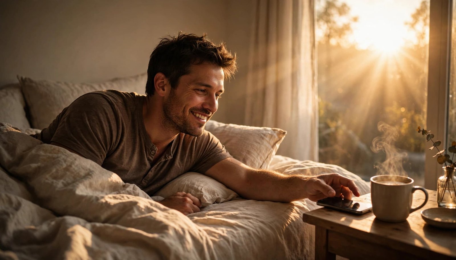 Smiling man reaching for his phone in a sunlit bedroom with coffee nearby.