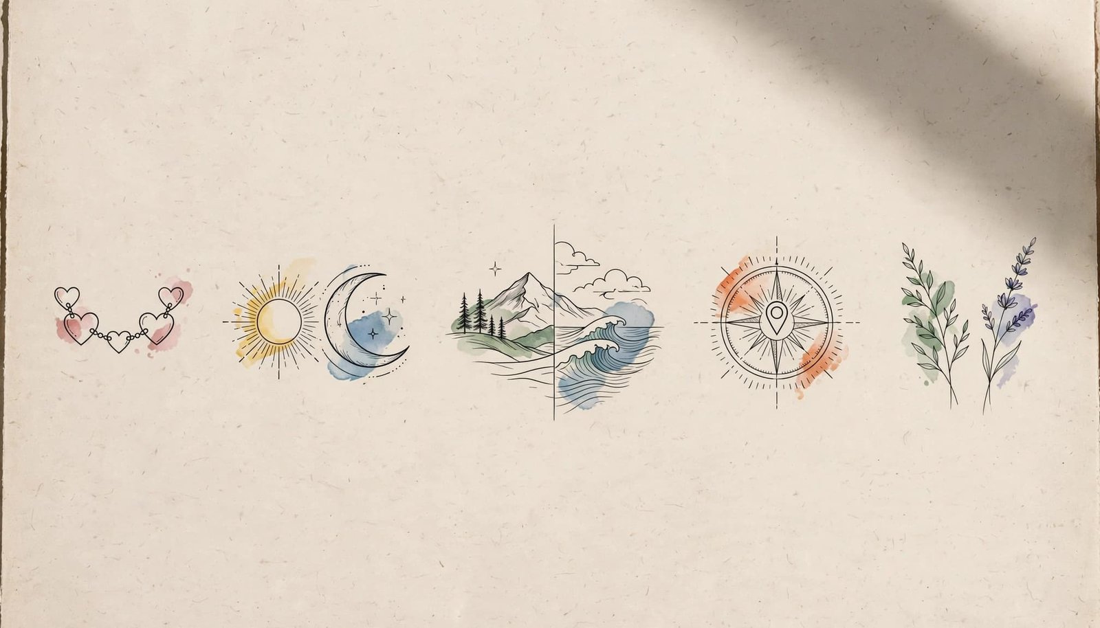 Five delicate matching tattoo designs arranged on an artist&rsquo;s board.