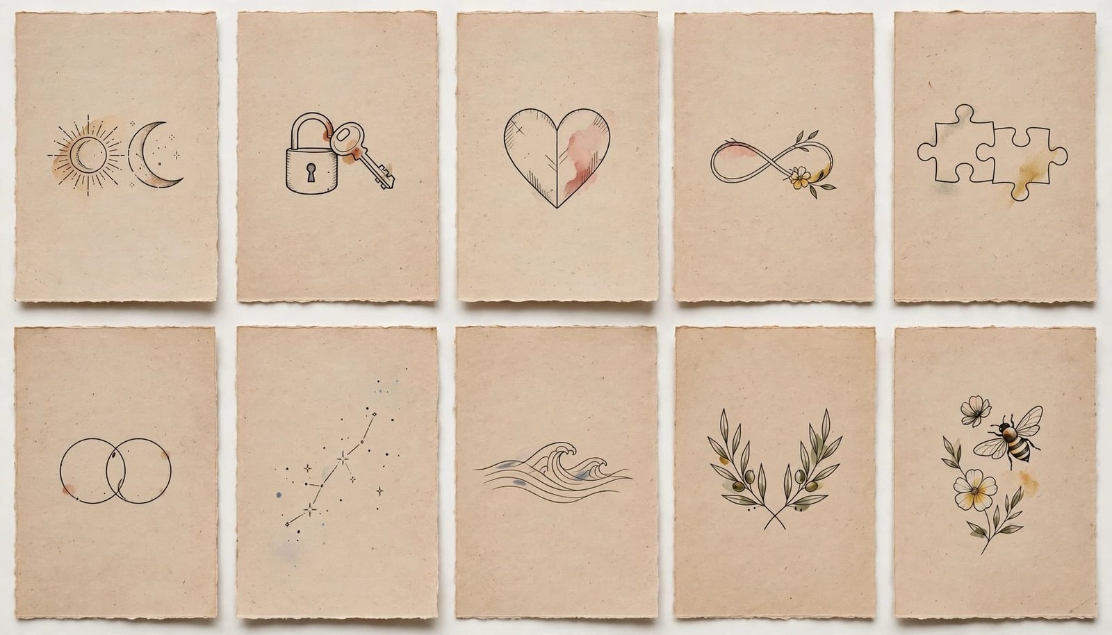 Tattoo cards show matching sun, moon, lock, key, heart, nature, and celestial motifs.