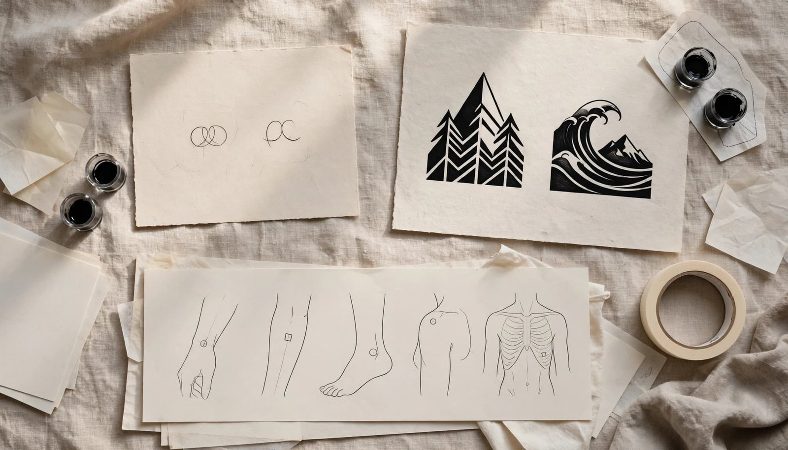 Tattoo sketches compare fine-line and blackwork designs with body placement examples.