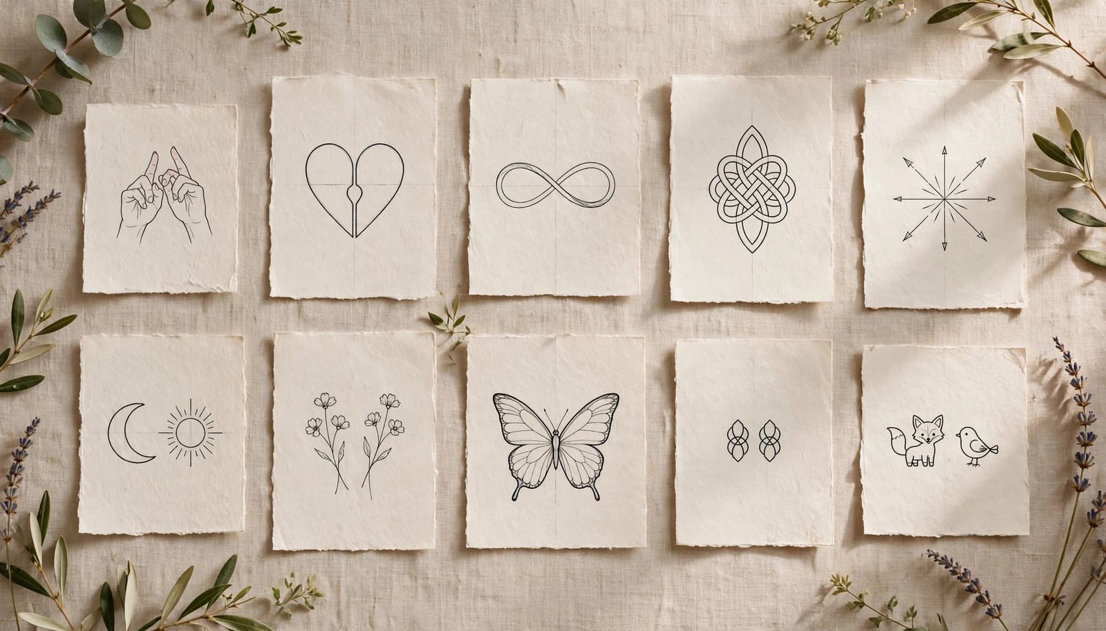 Paper displays minimalist matching tattoo sketches with hearts, symbols, flowers, and animal motifs.