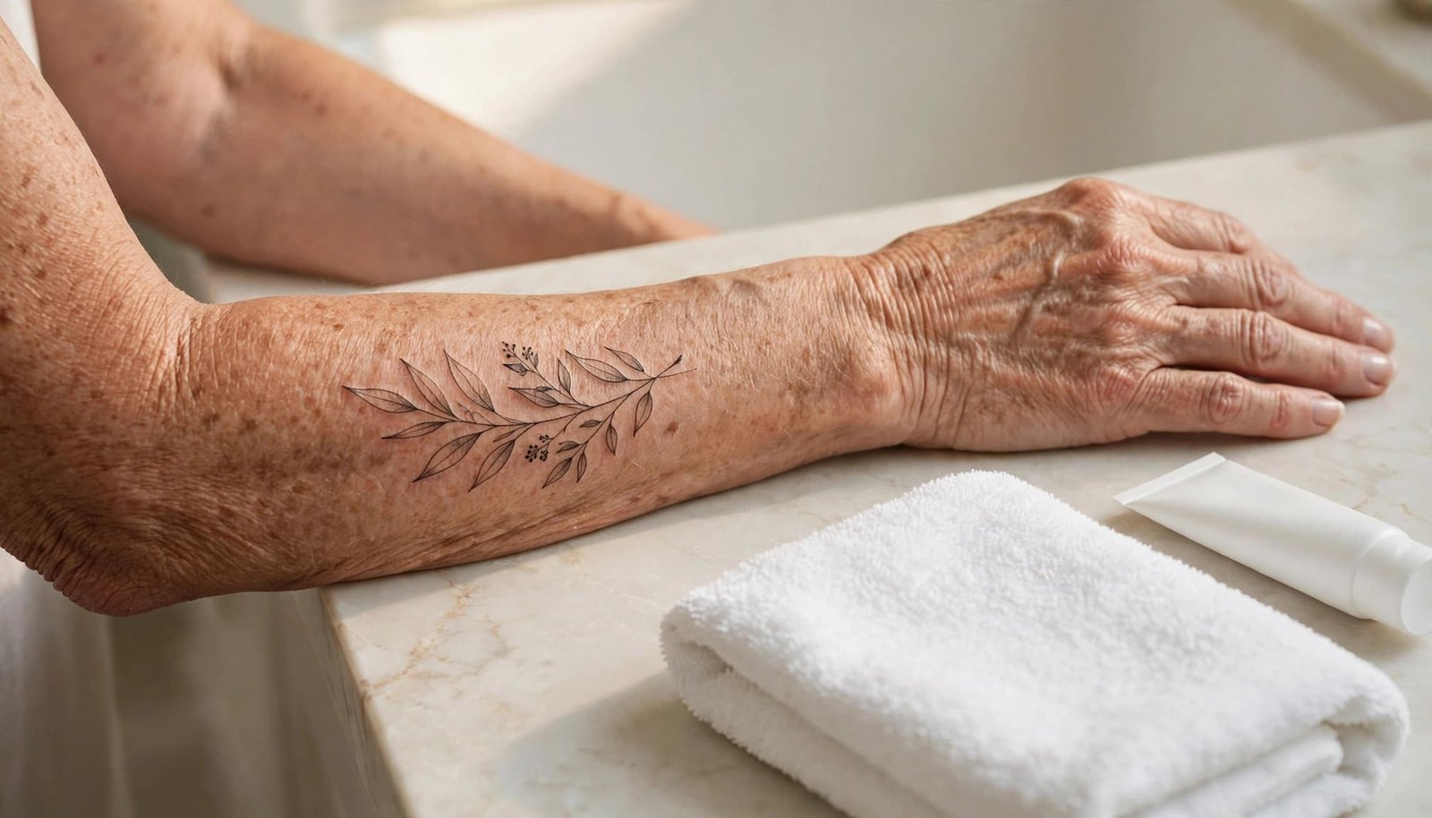 Mature woman’s forearm with a botanical tattoo beside a towel and moisturizer.