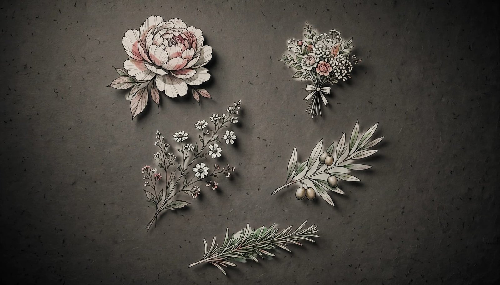Five delicate botanical tattoo designs arranged on a charcoal background.
