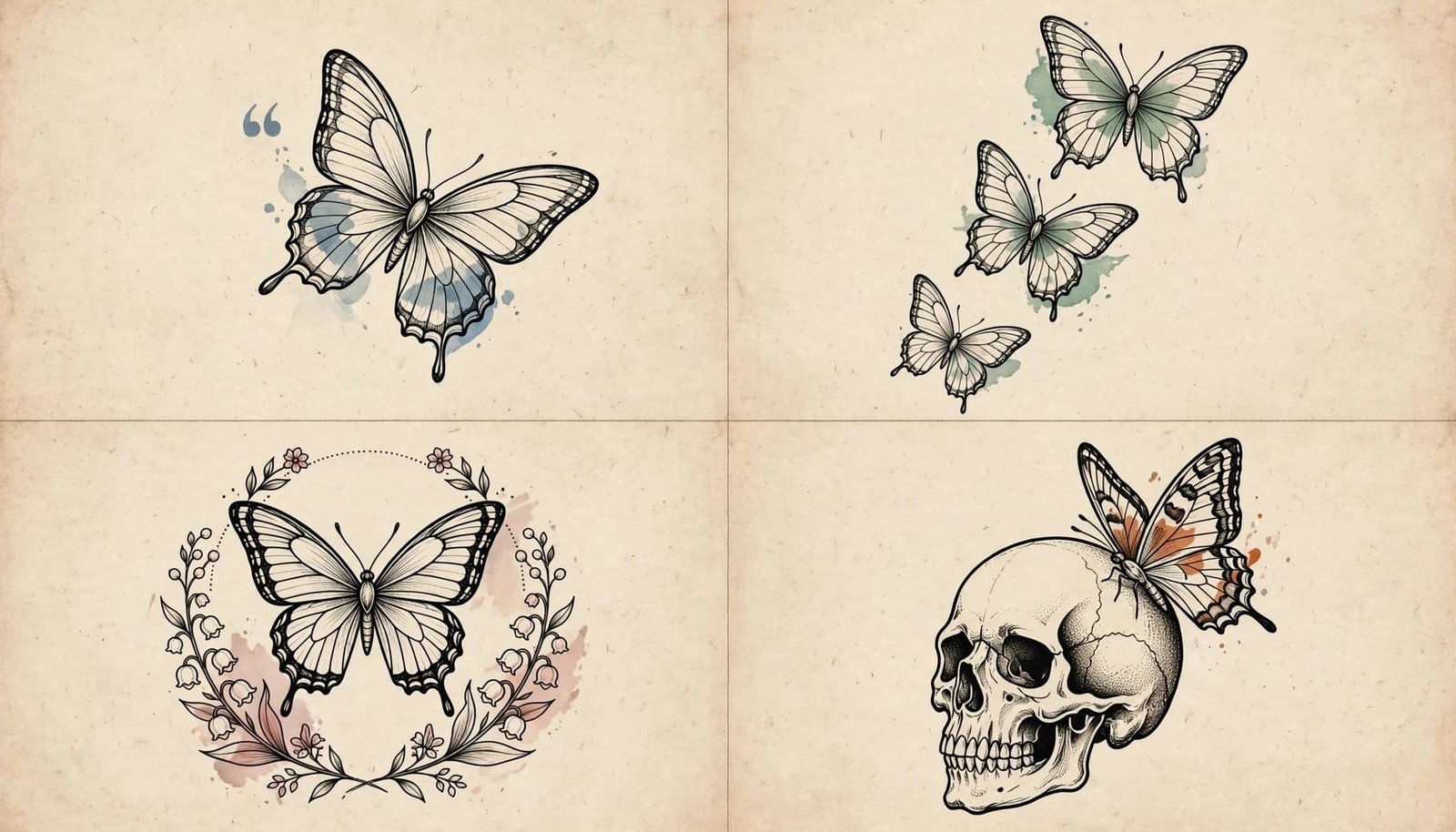Four butterfly tattoo sketches show symbols for change, remembrance, growth, and loss on warm paper.