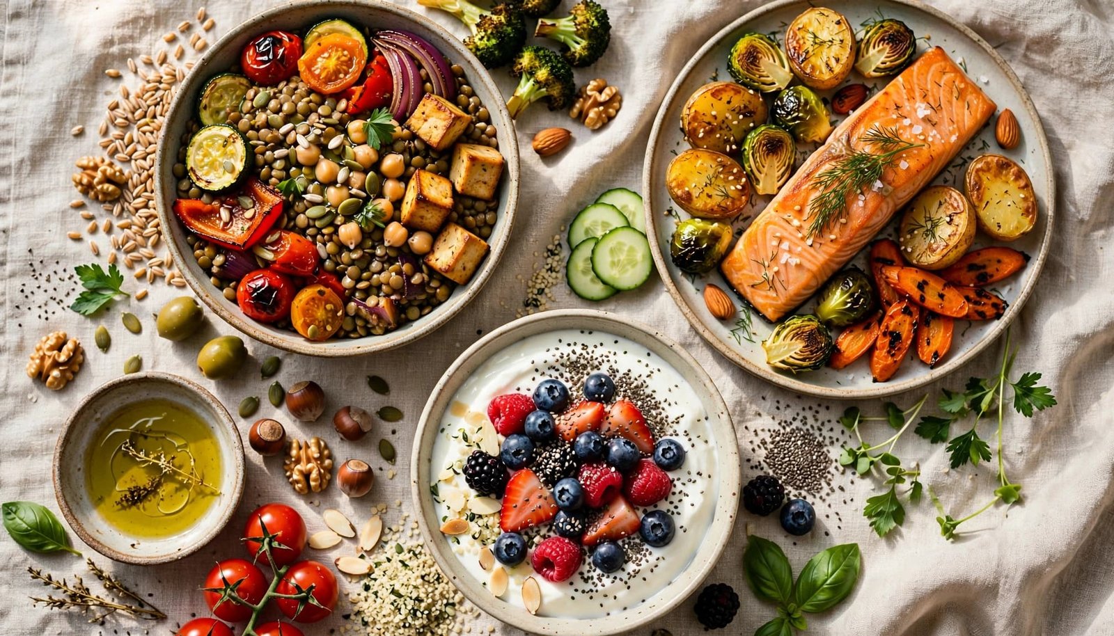 Three healthy meals with lentils, salmon, yogurt, vegetables, berries, and chia seeds on a linen table.