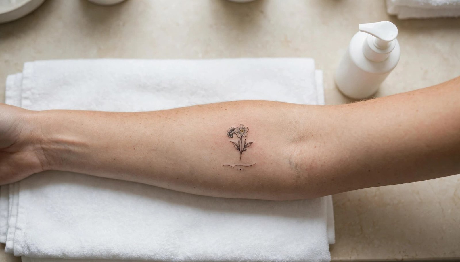 Fresh memorial flower tattoo beside a folded towel and moisturizer in a clean bathroom.