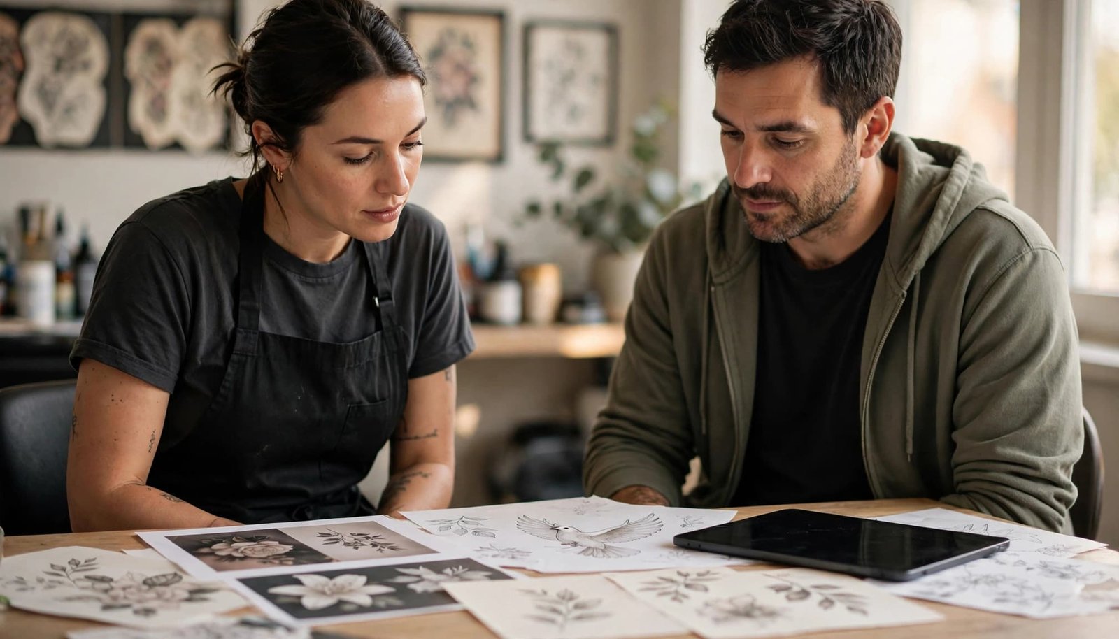 A tattoo artist and client review memorial tattoo references at a studio table.