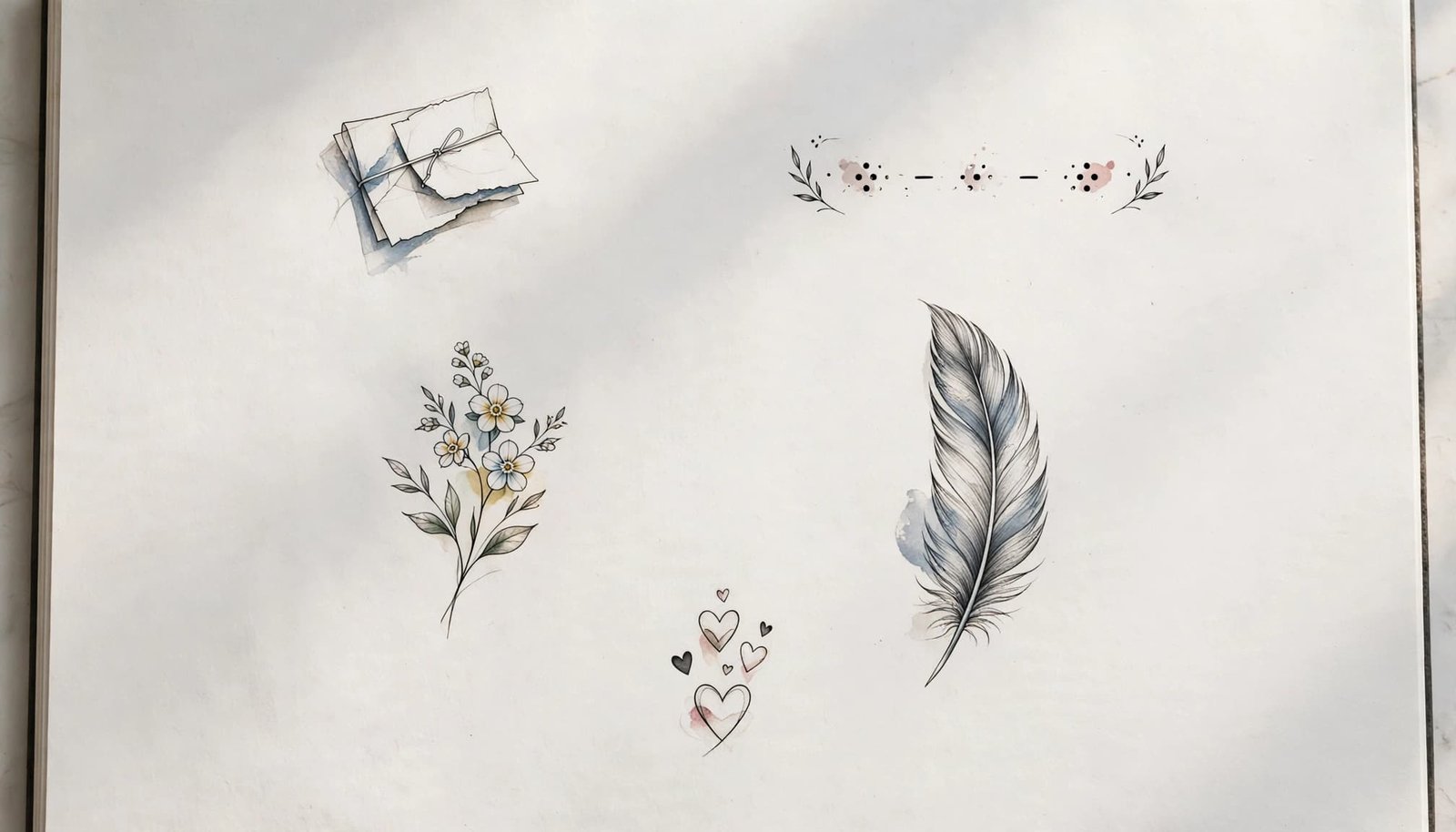 Five delicate memorial tattoo designs are arranged across a white sketchbook page.