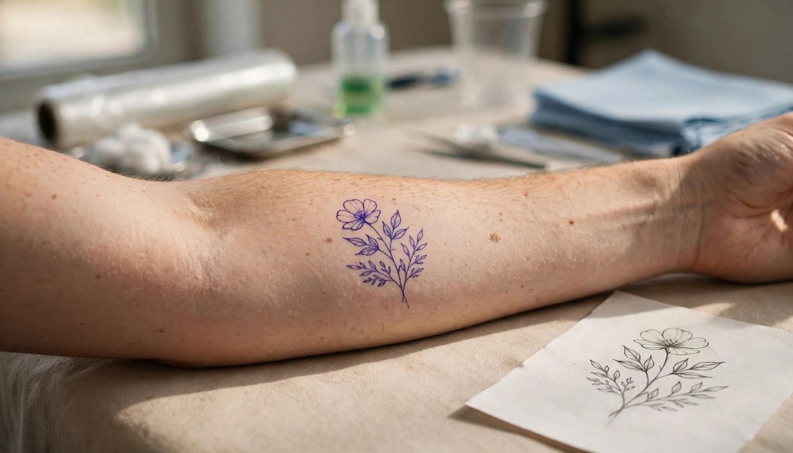 Forearm with a flower tattoo stencil beside a printed design sketch.