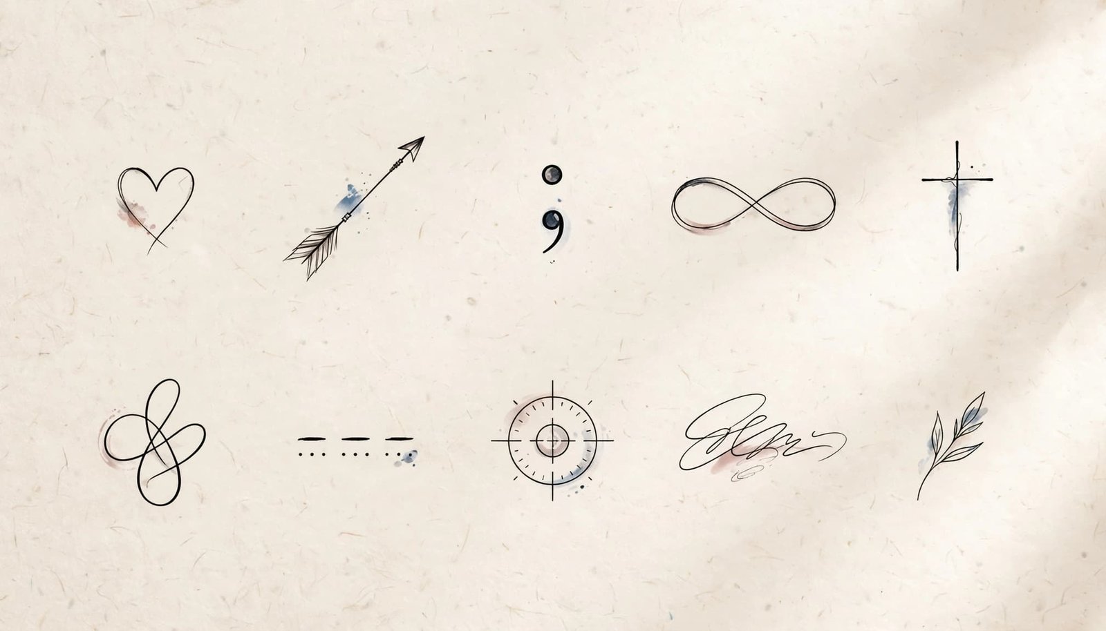 Ten delicate symbolic tattoo designs arranged on warm ivory paper.