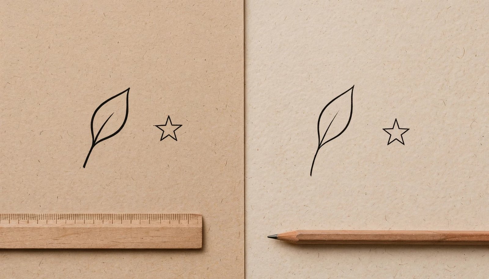 Two simple tattoo designs, a leaf and star, rest on paper beside a pencil and ruler.