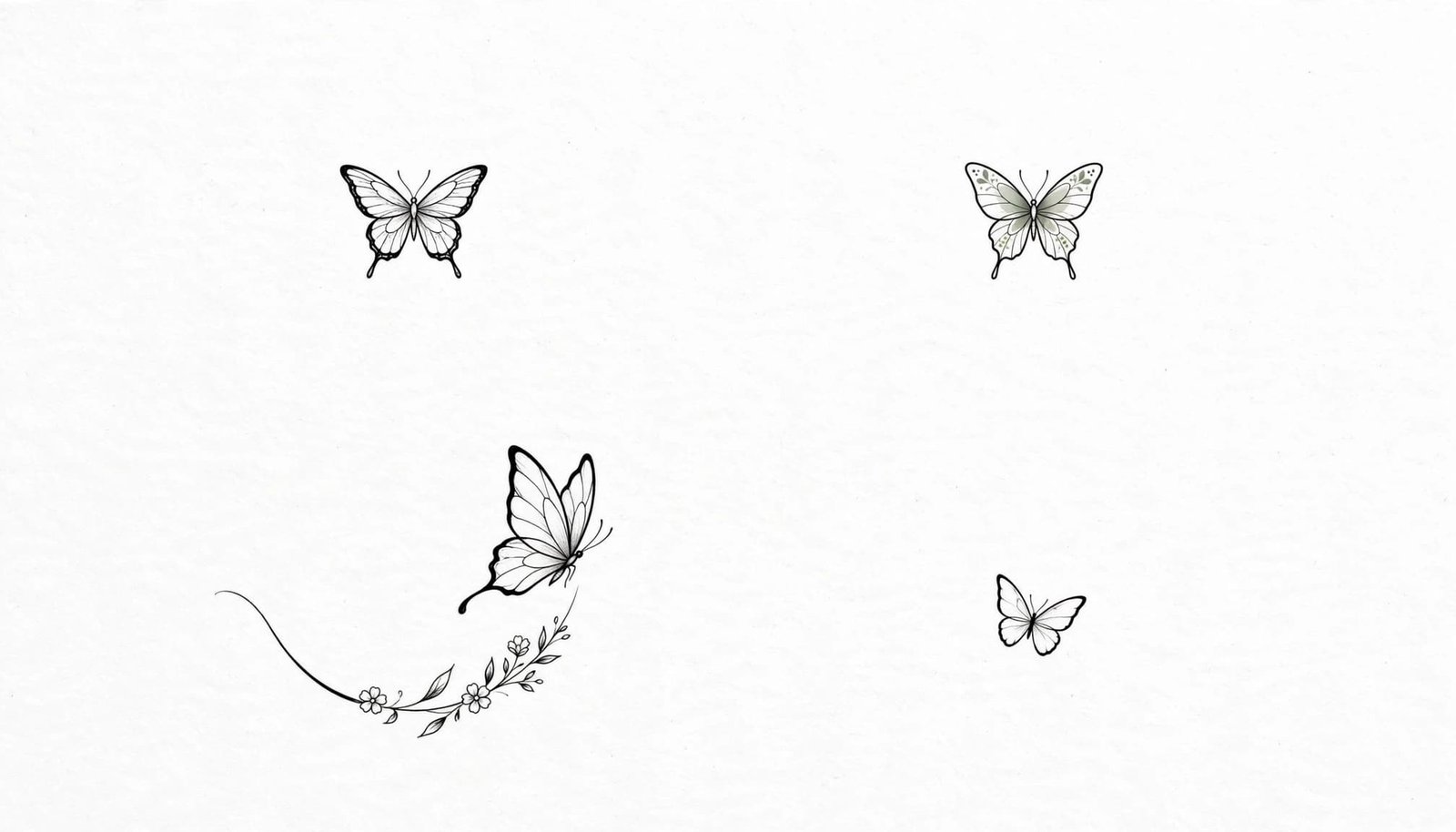 Four minimalist butterfly tattoo designs for the wrist, ear, collarbone, and ankle.