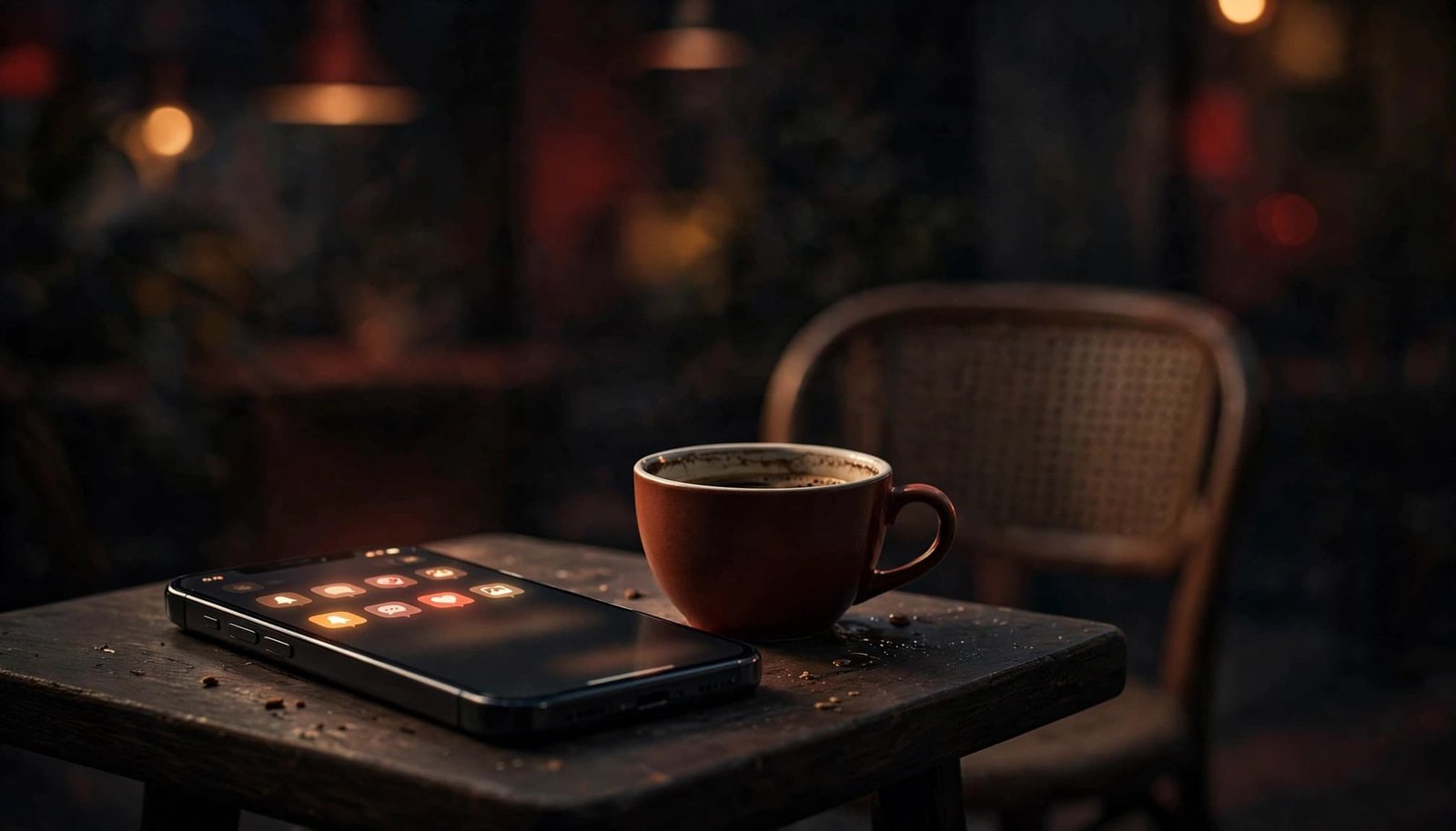 A smartphone and half-empty coffee cup sit beside a blurred empty chair in a dark cafe.