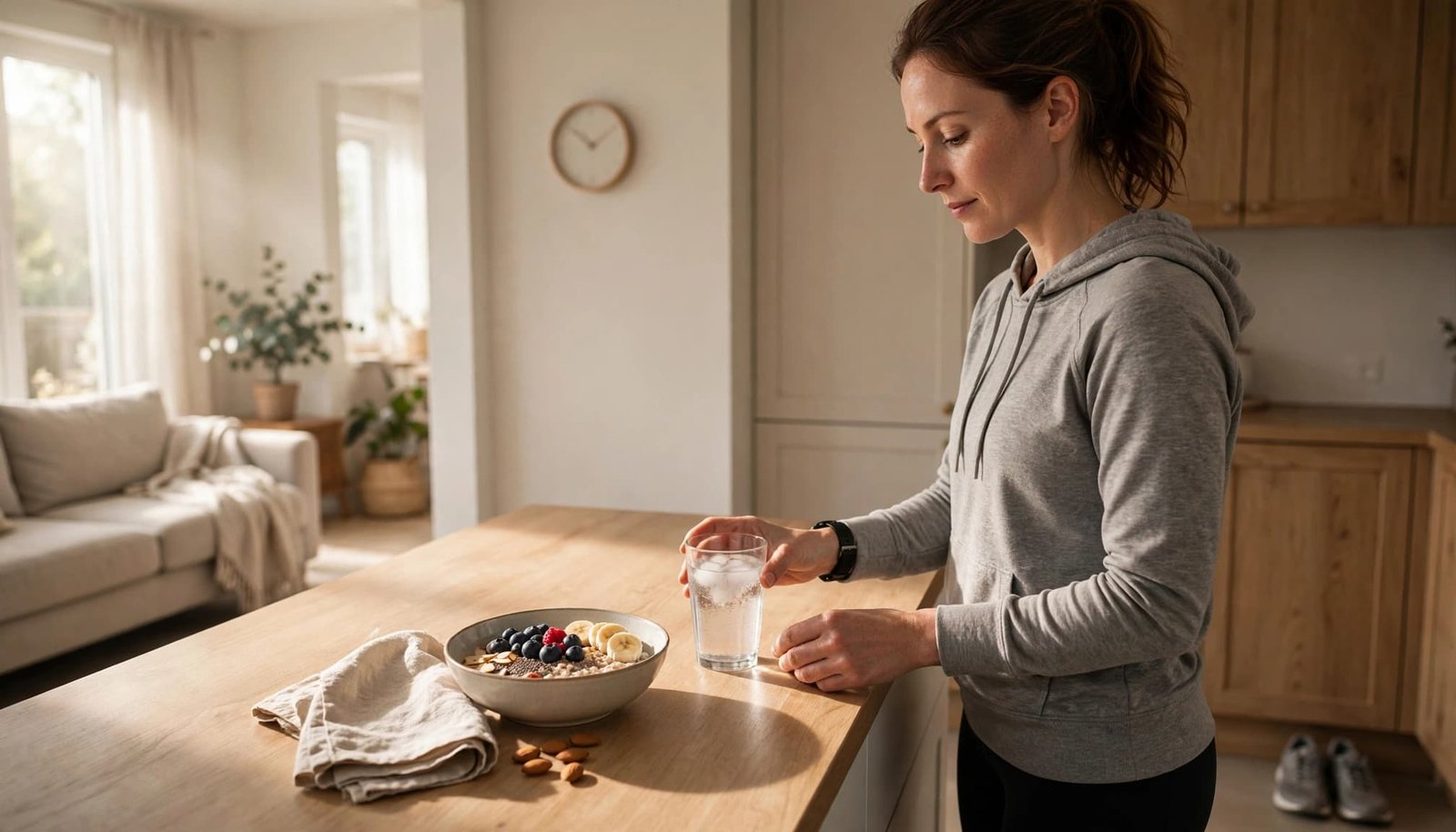 Woman placing water beside a healthy breakfast in a bright kitchen.