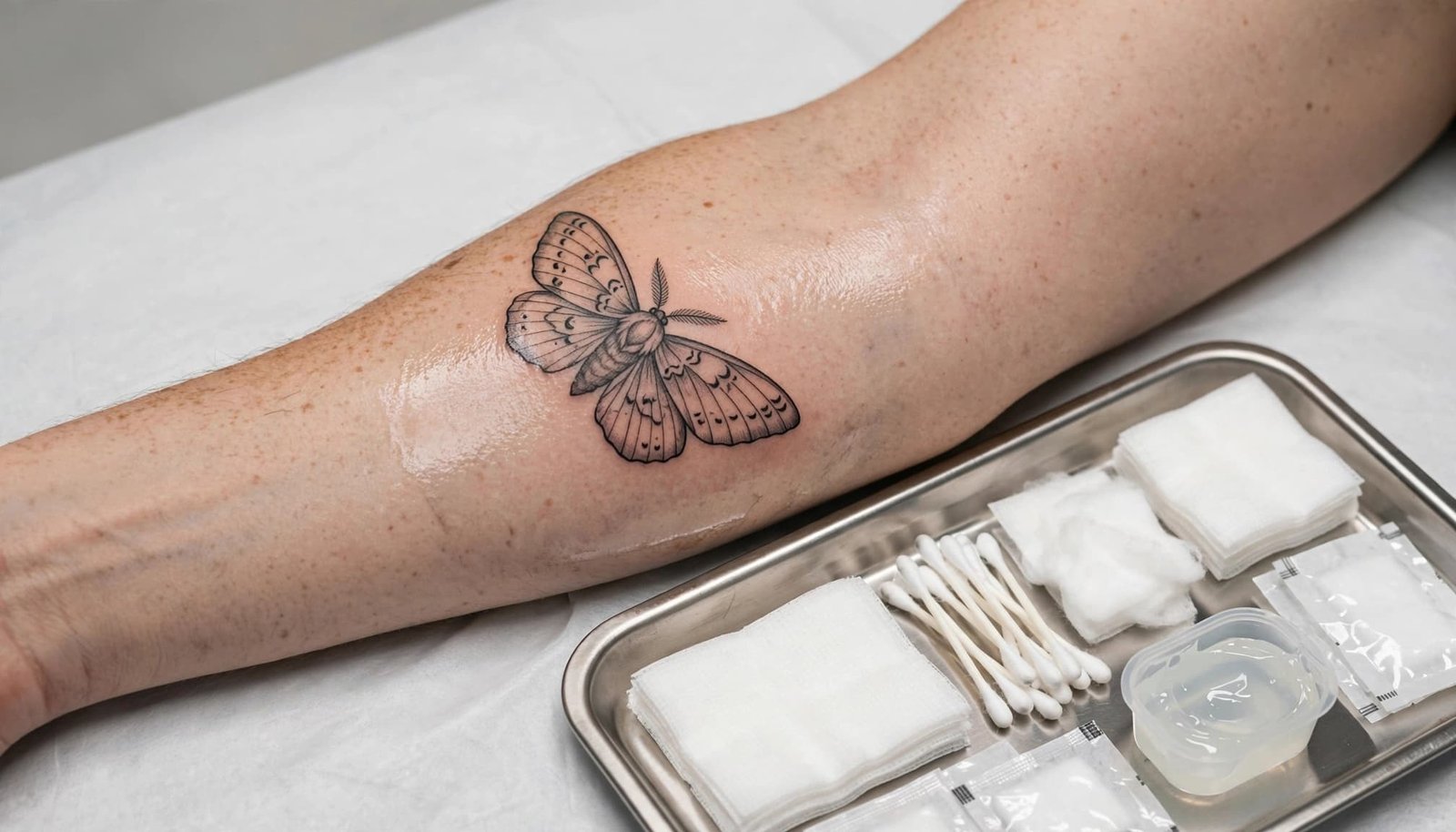 A moth tattoo on an upper forearm beside clean bandage supplies.