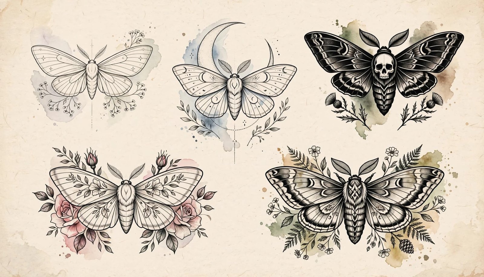 Five different moth tattoo sketches arranged on a warm paper background.