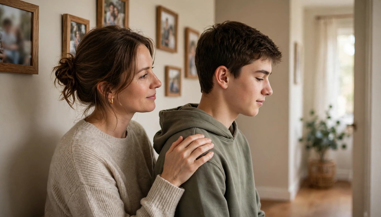A mother gently touches her son's shoulder in a warm hallway.