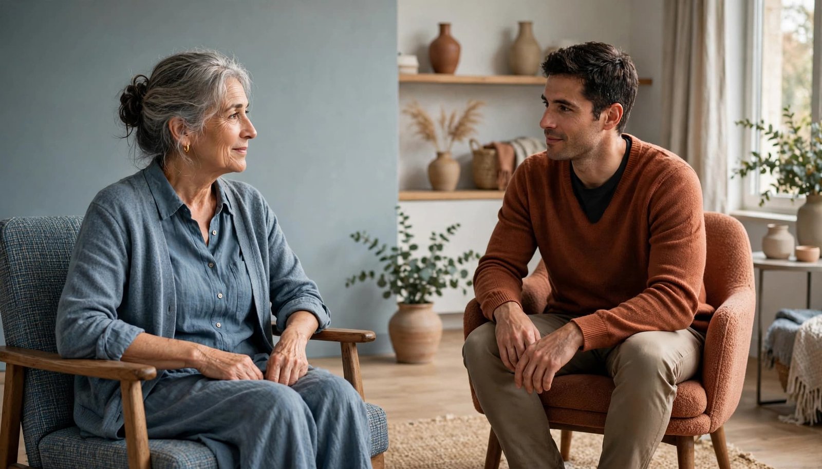 A mother and adult son sit apart in chairs, looking toward each other in a warm living room.