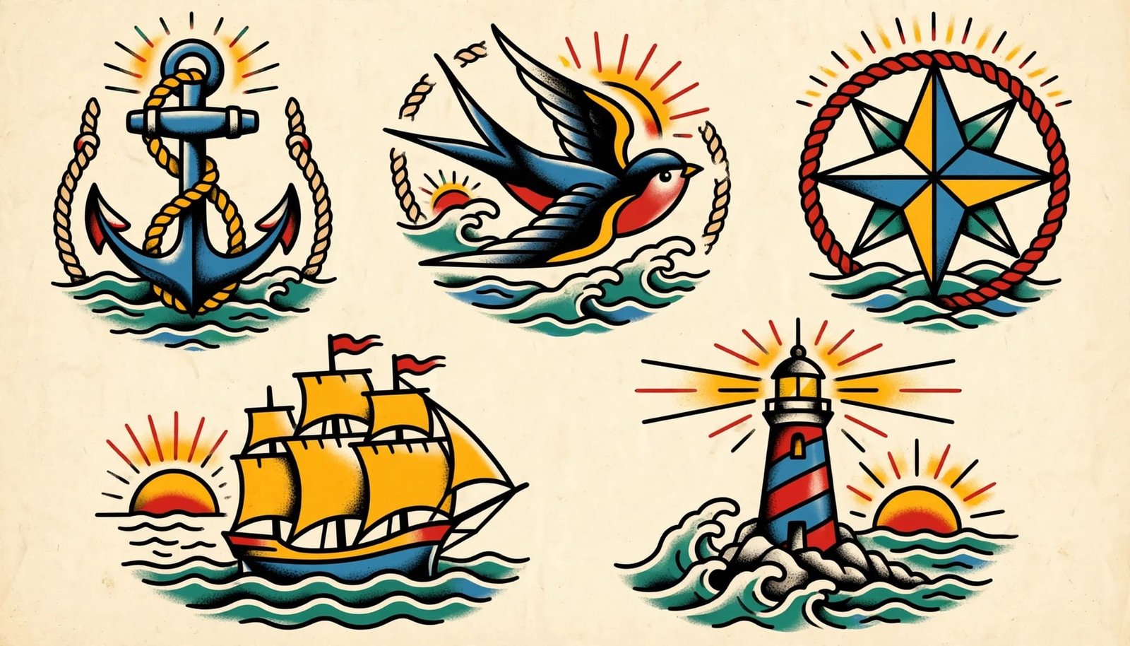 Five colorful nautical tattoo designs arranged separately on cream paper.