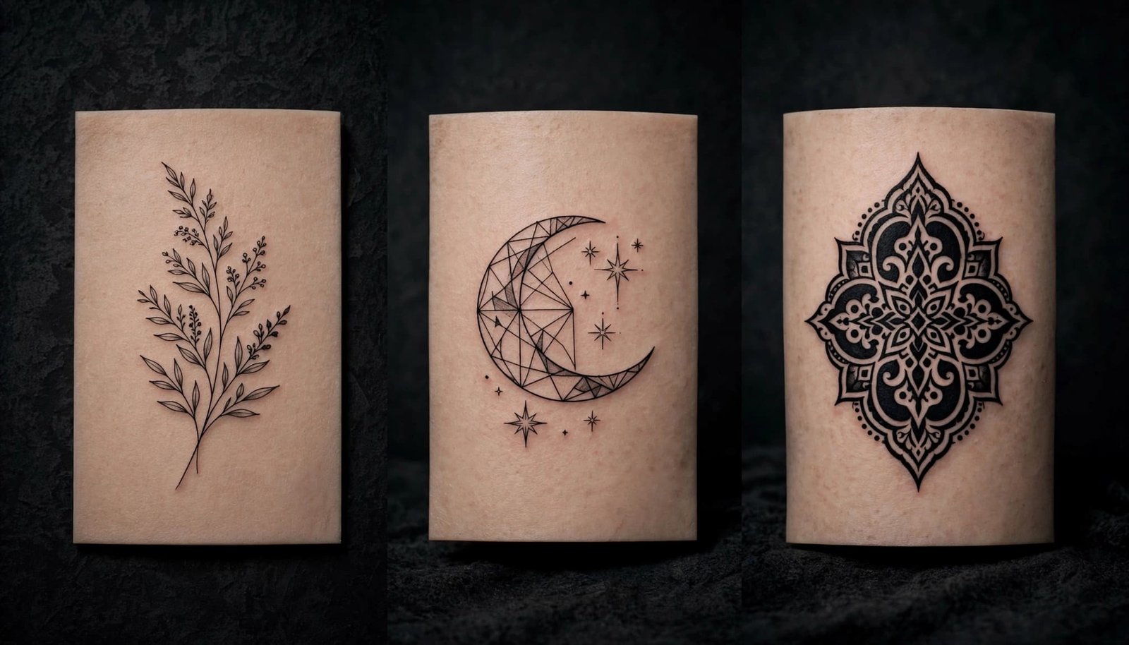 Three separate neck tattoo designs on skin-toned panels against a dark backdrop.