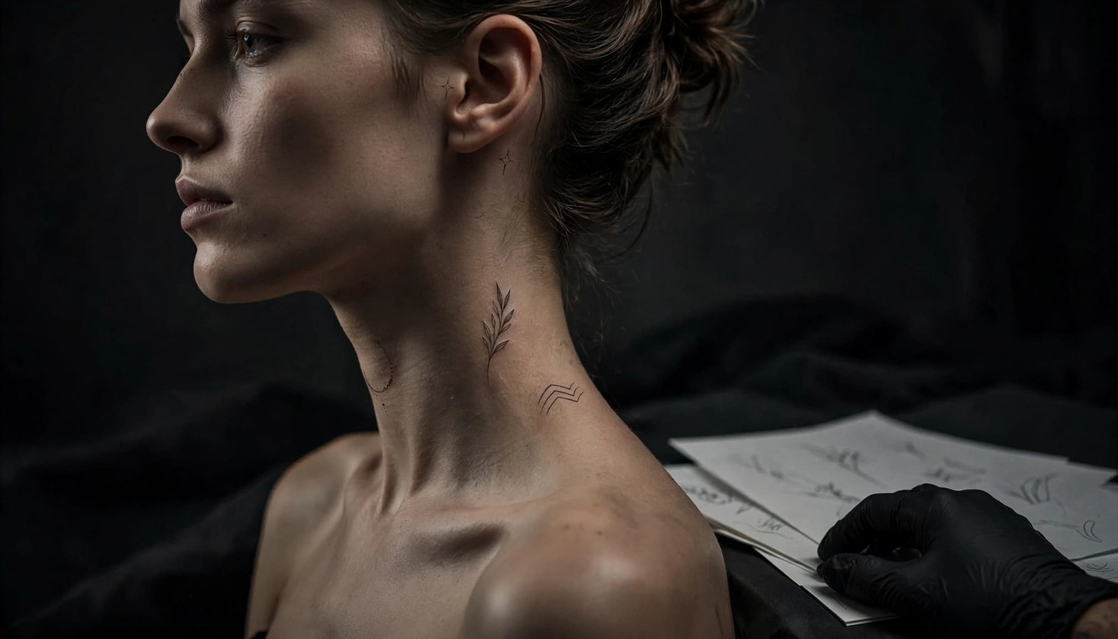 Neck with four temporary tattoo placement sketches and reference sheets nearby.
