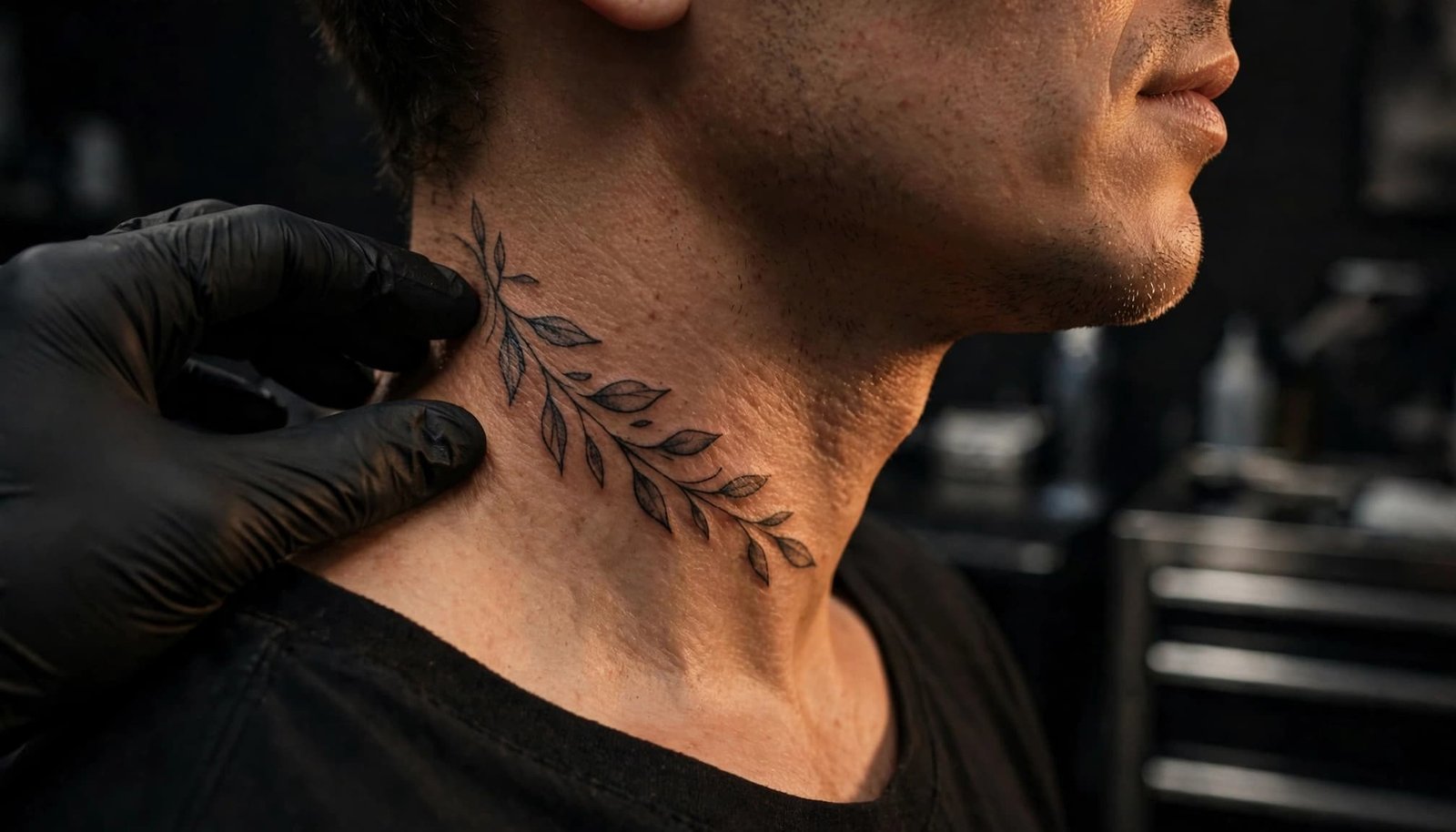 A gloved hand examines a healed neck tattoo in a clean studio.