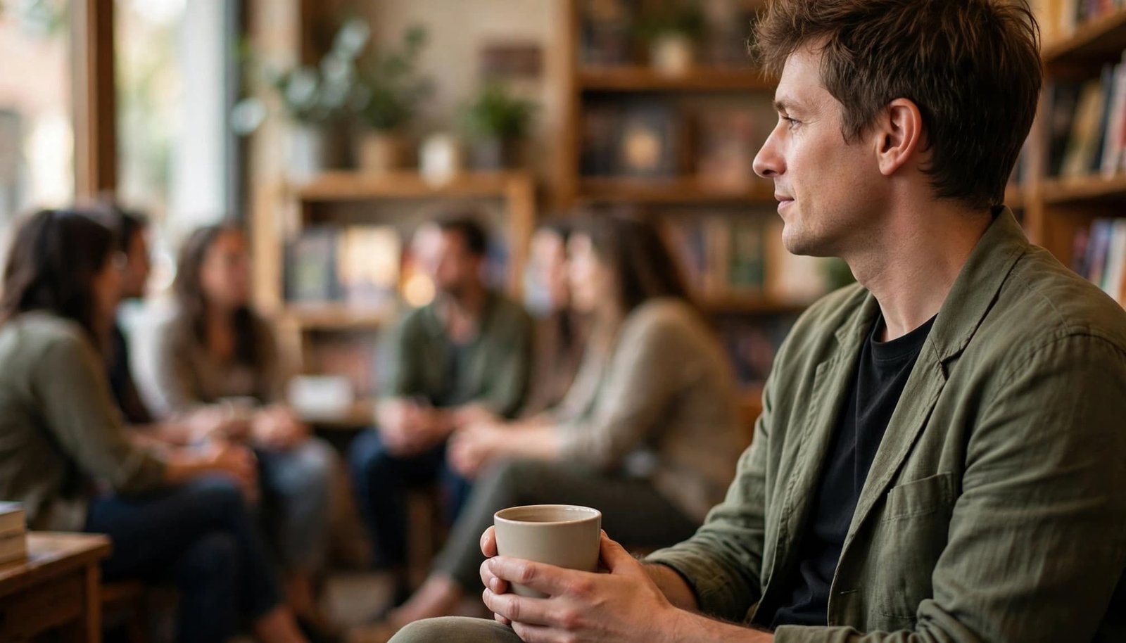 An adult holding coffee listens during a bookstore discussion near shelves and soft window light.