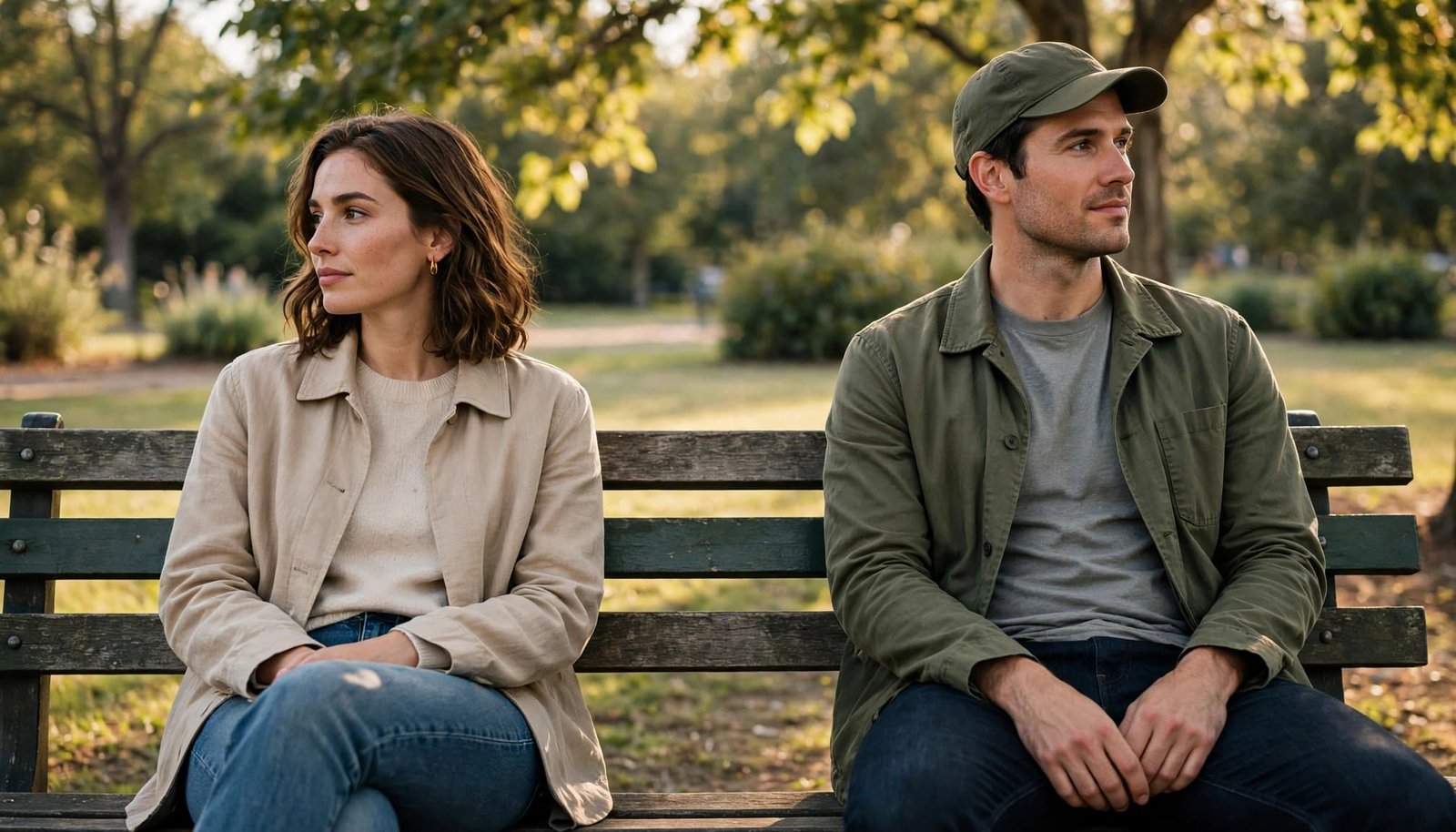 Two adults sit slightly apart on a park bench in warm afternoon light.