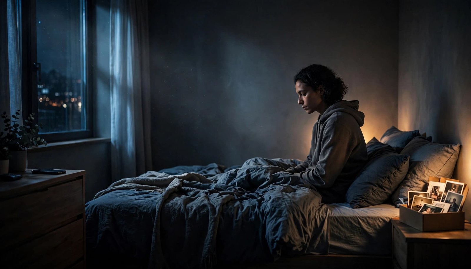 A person sits alone at night with a phone out of reach and a small photo box nearby.